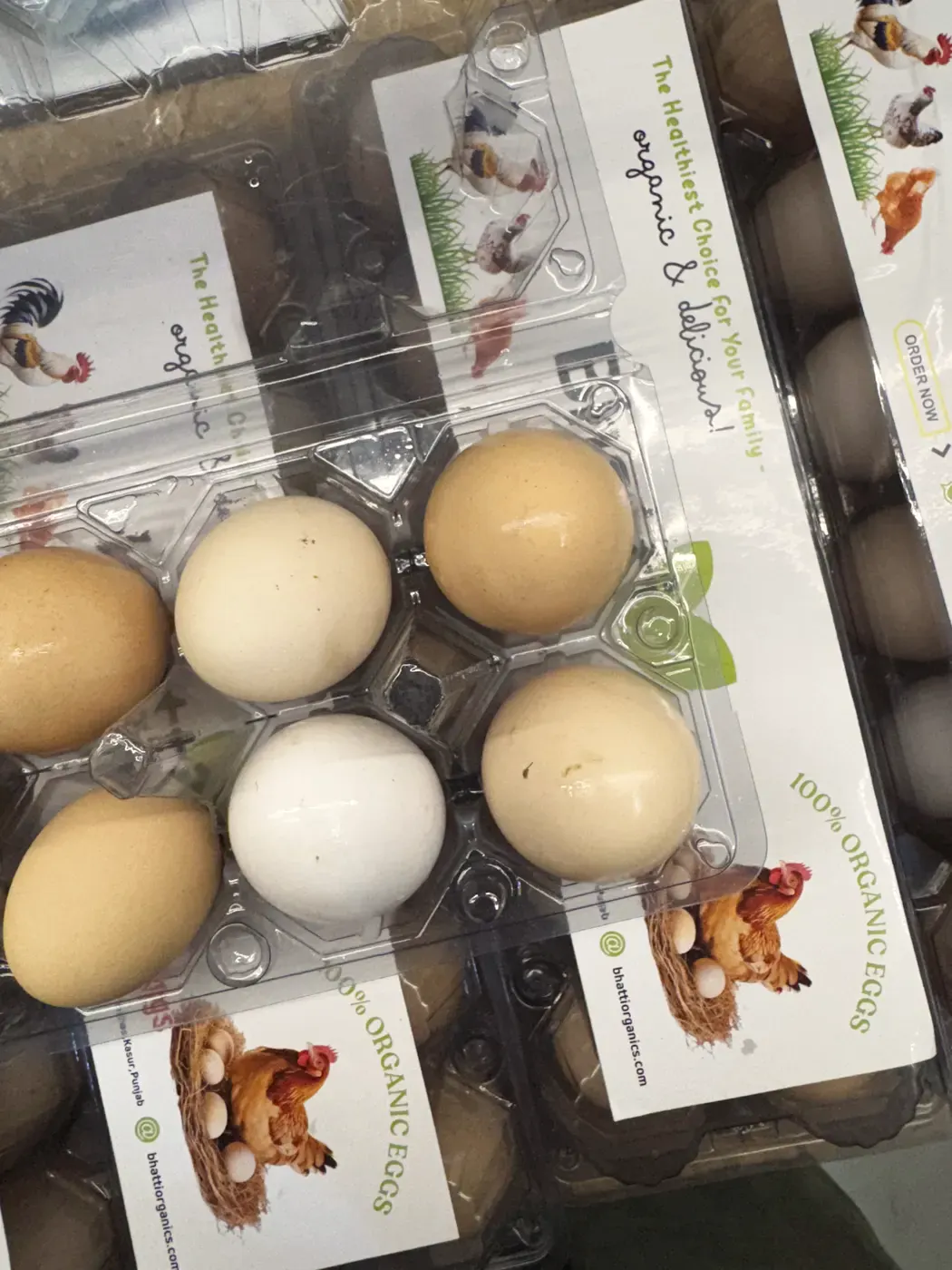 An open pack showing cream, white and brown free-range eggs