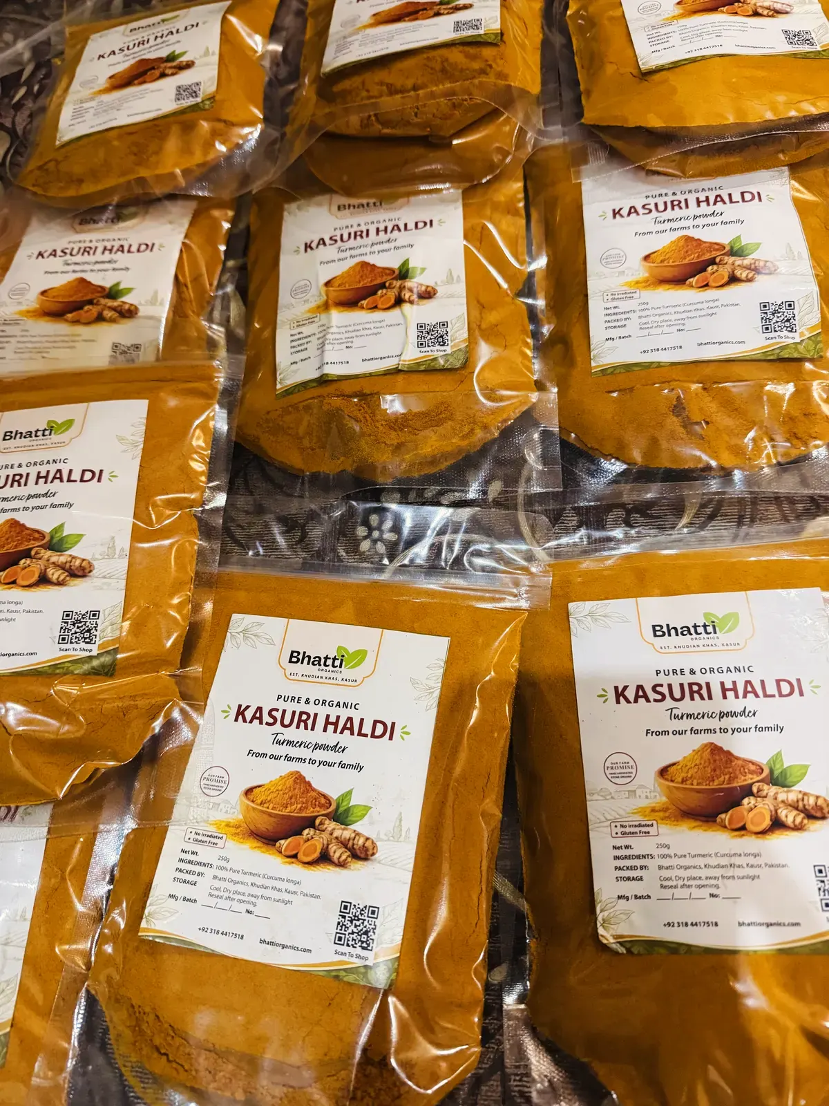 Freshly packed pouches of Kasuri Haldi